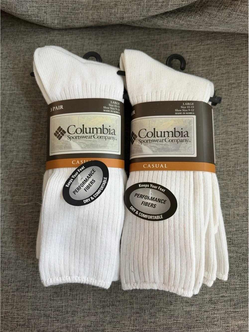 Columbia Casual Crew Socks White Mens Large (Shoe Size 9-12) 2 Packs Of 3 New